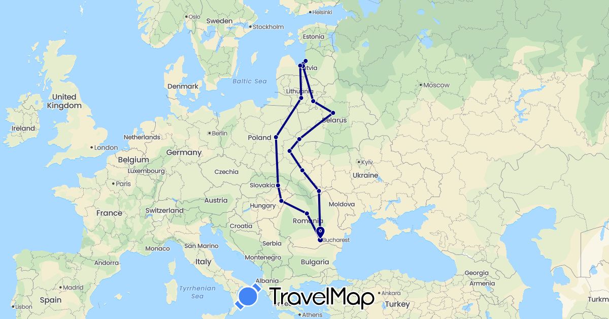 TravelMap itinerary: driving in Belarus, Hungary, Lithuania, Latvia, Poland, Romania, Slovakia, Ukraine (Europe)